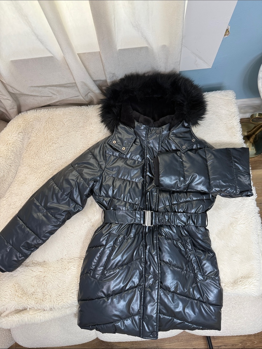 abercrombie kids Black Shiny Quilted Belted Puffer Coat with Faux Fur Hood